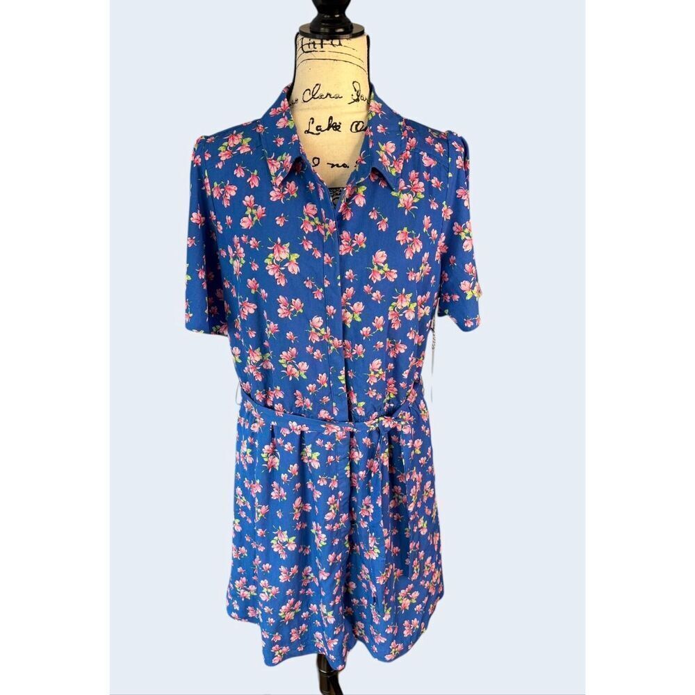 Draper James Blue Multi Floral Magnolia Shirt Dress Short Sleeve XL NWT